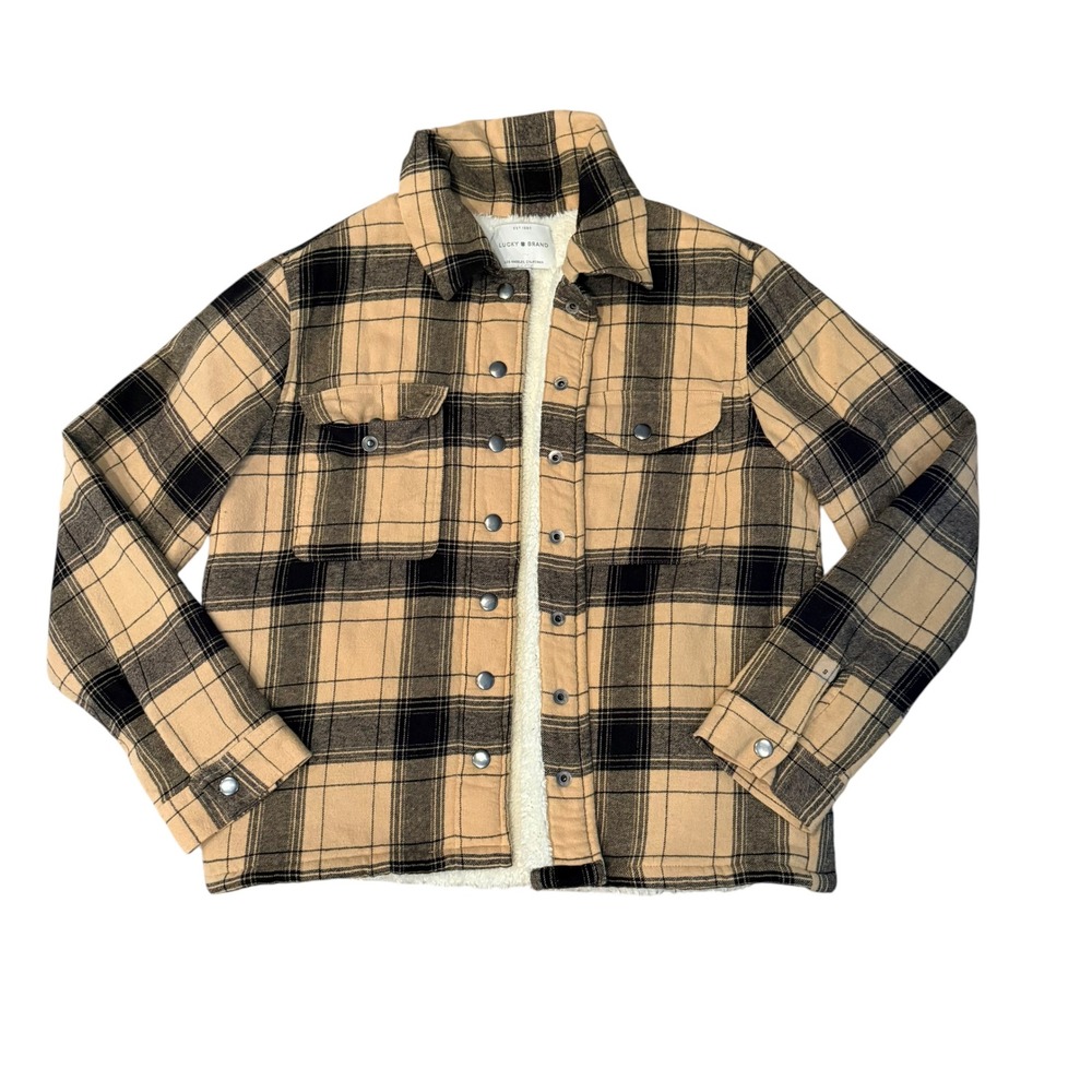 Lucky Brand Shirt Jacket Women S Tan Black Plaid Sherpa Lined Shacket